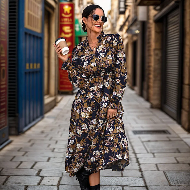 METAVERSMALL 2025  New autumn floral temperament commuter dress retro printed women's dress V-neck fashion dress