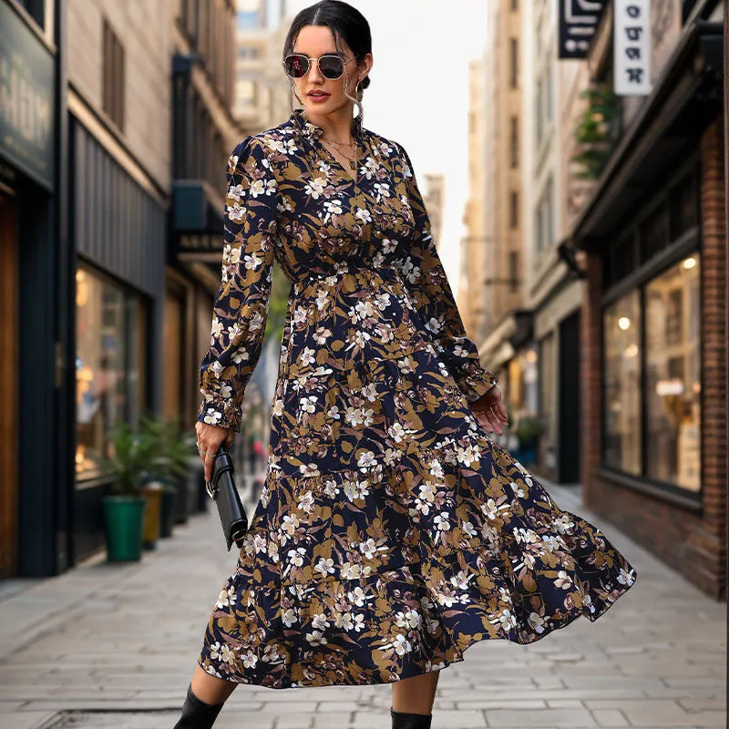 METAVERSMALL 2025  New autumn floral temperament commuter dress retro printed women's dress V-neck fashion dress