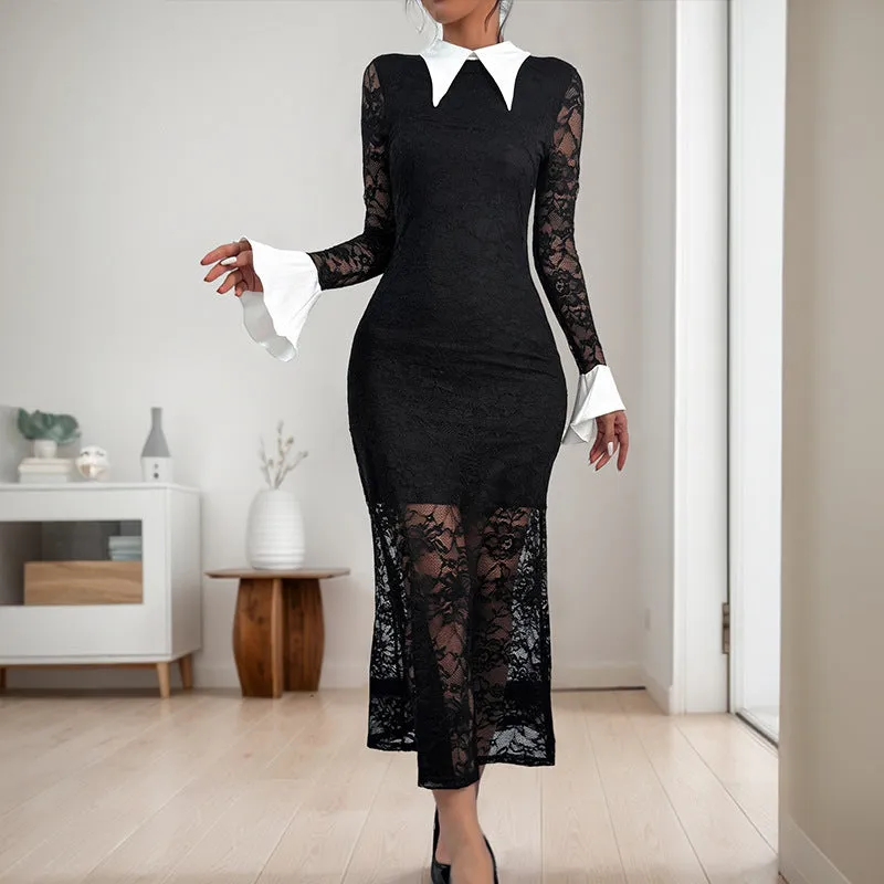 METAVERSMALL 2025 new lace splicing dress black and white contrasting color high-end elegant slim dress women