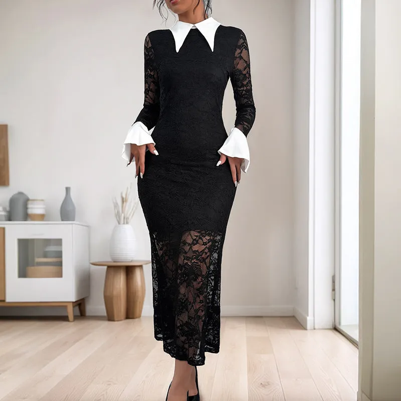 METAVERSMALL 2025 new lace splicing dress black and white contrasting color high-end elegant slim dress women