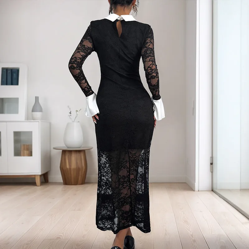 METAVERSMALL 2025 new lace splicing dress black and white contrasting color high-end elegant slim dress women