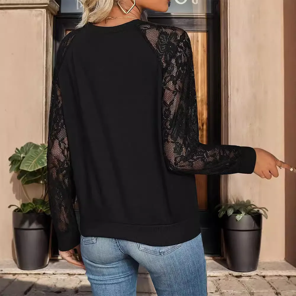 METAVERSMALL New Hot Trade New New 2025 Autumn Women's Clothing  Lace Splicing Long Sleeve Black Sweater