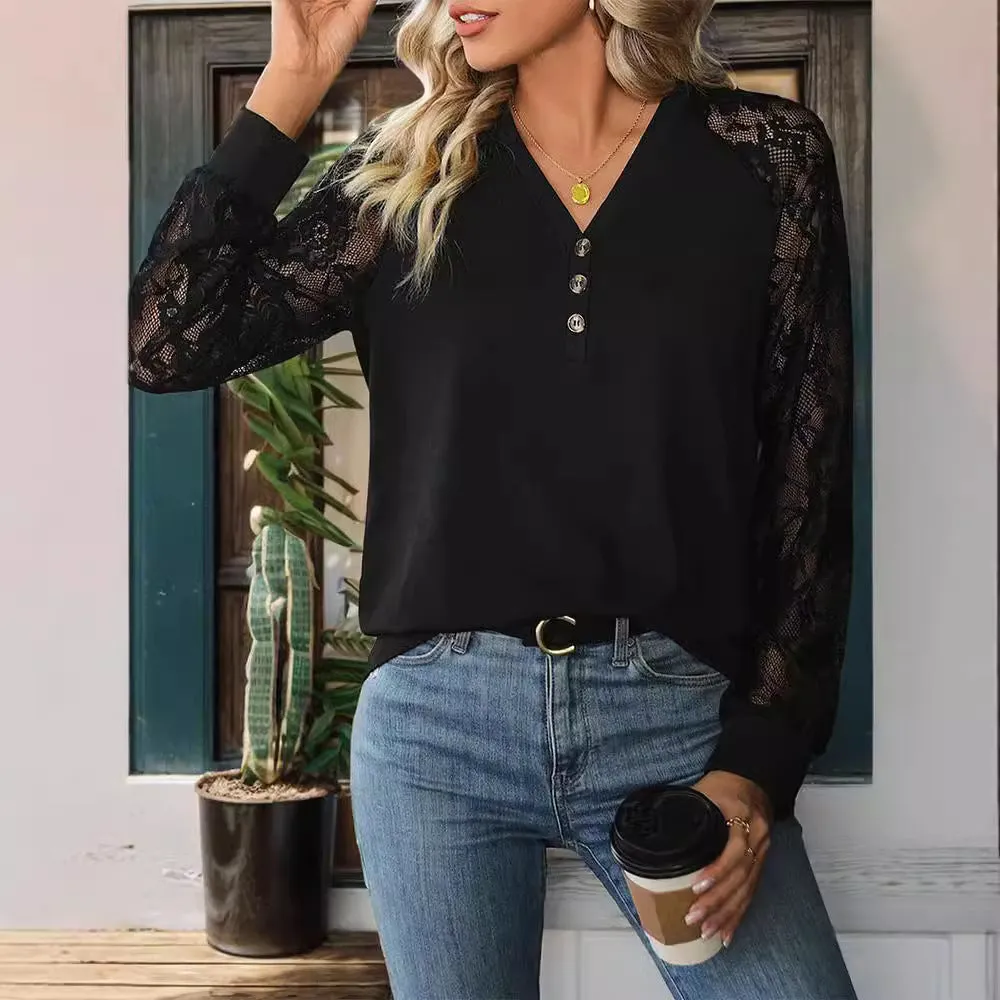 METAVERSMALL New Hot Trade New New 2025 Autumn Women's Clothing  Lace Splicing Long Sleeve Black Sweater