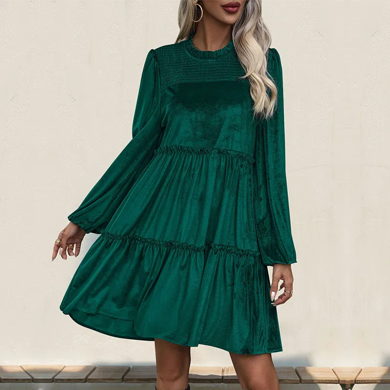 METAVERSMALL new long-sleeved solid color dress dark green velvet mid-skirt ruffle edge women's skirt