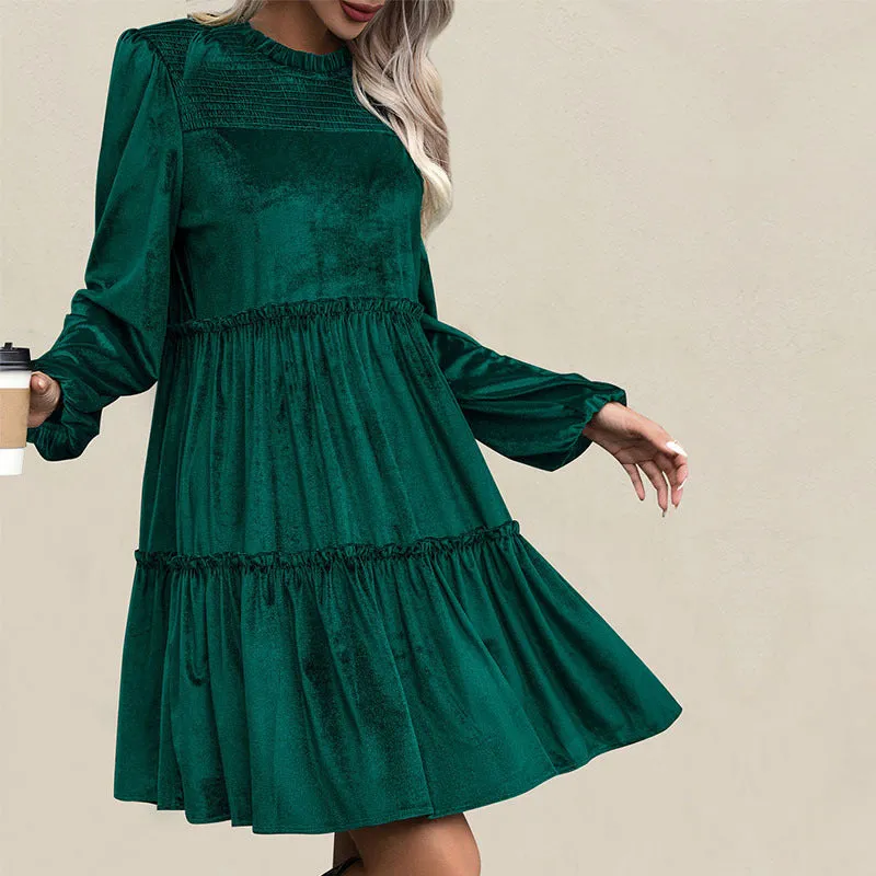 METAVERSMALL new long-sleeved solid color dress dark green velvet mid-skirt ruffle edge women's skirt