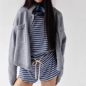 MOMENTLOVER New Cross-border Europe, America, , popular women's versatile contrasting colors, striped long-sleeved sweater, shorts set, two-piece set