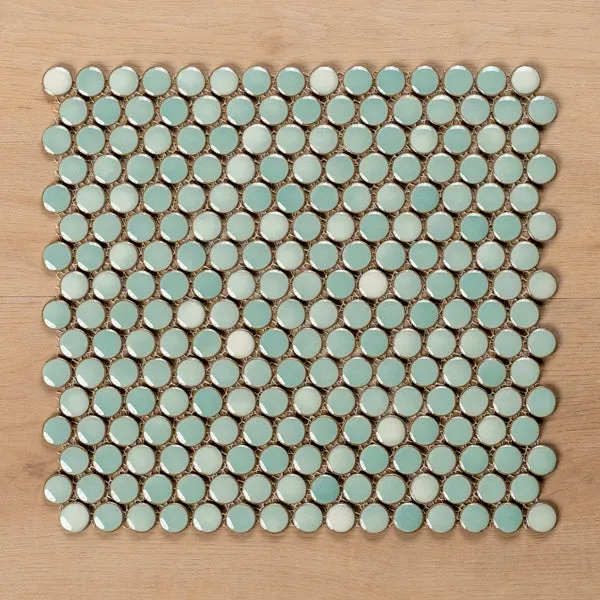 Mooloolaba Gloss Mint Porcelain Penny Round Mosaic Tile 20x20mm SINGLE SHEET