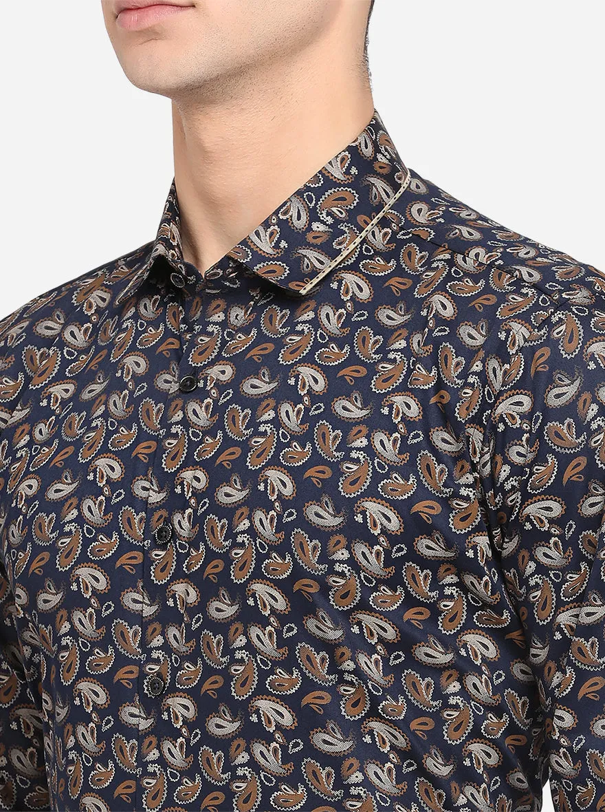 Navy Blue & Brown Printed Slim Fit Party Wear Shirt | JB Studio