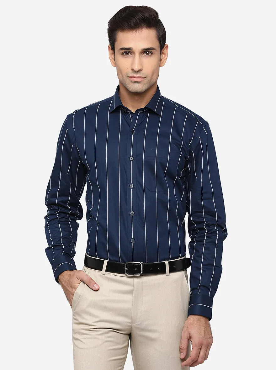 Navy Blue & White Striped Regular Fit Formal Shirt | JadeBlue