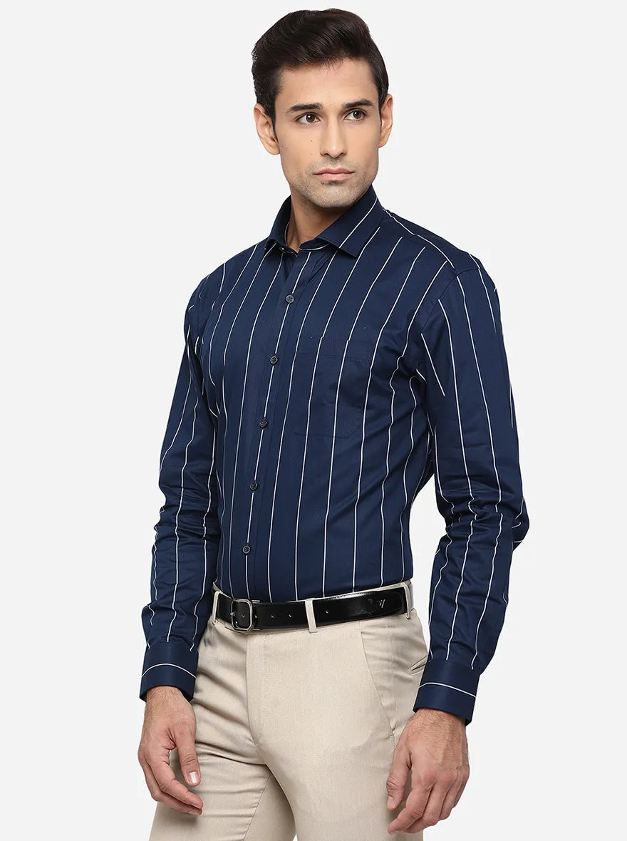 Navy Blue & White Striped Regular Fit Formal Shirt | JadeBlue