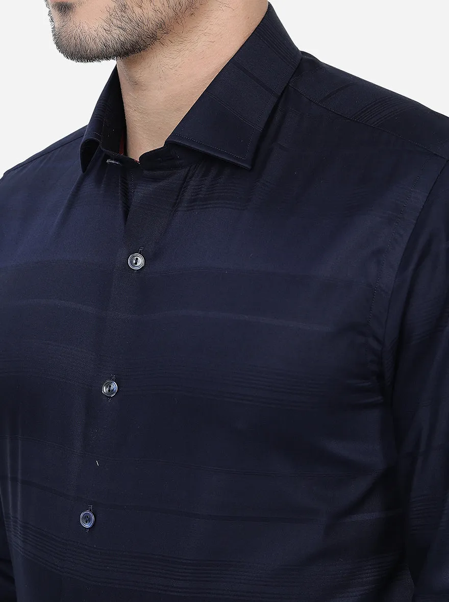 Navy Blue Striped Slim Fit Party Wear Shirt | Wyre