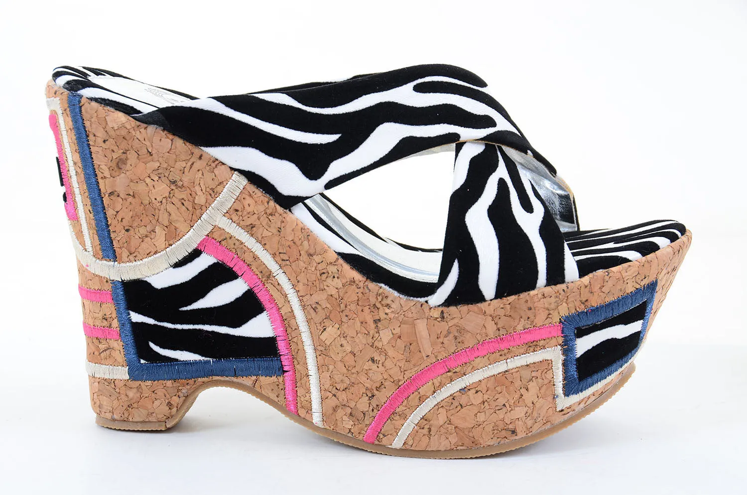 Patchwork Zebra Cross Band Platform Wedges Sandals