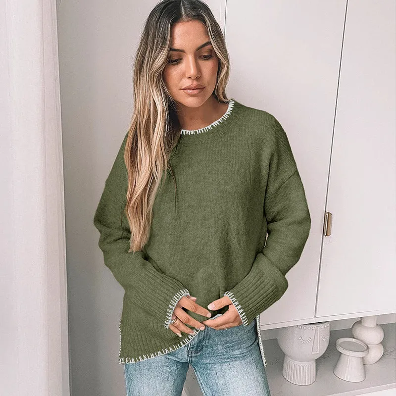 PEOPLETERRITORY   autumn and winter new round neck casual long-sleeved sweater solid color versatile split-end pullover sweater