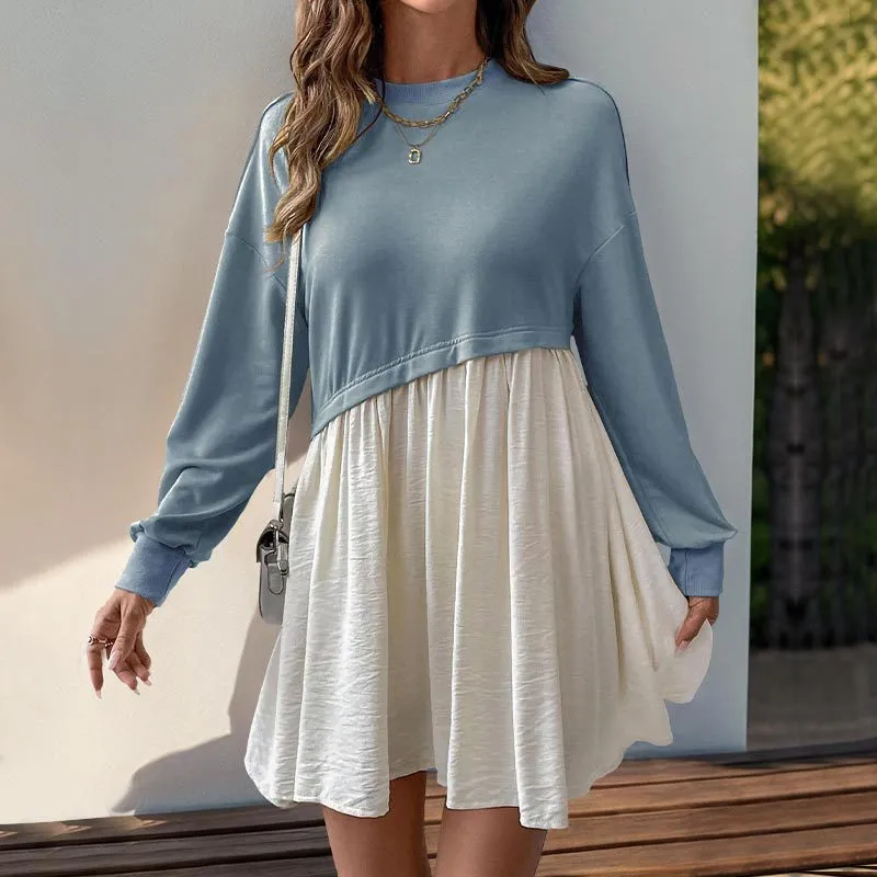 PEOPLETERRITORY  casual daily versatile long-sleeved dress autumn new round neck contrasting color splicing skirt