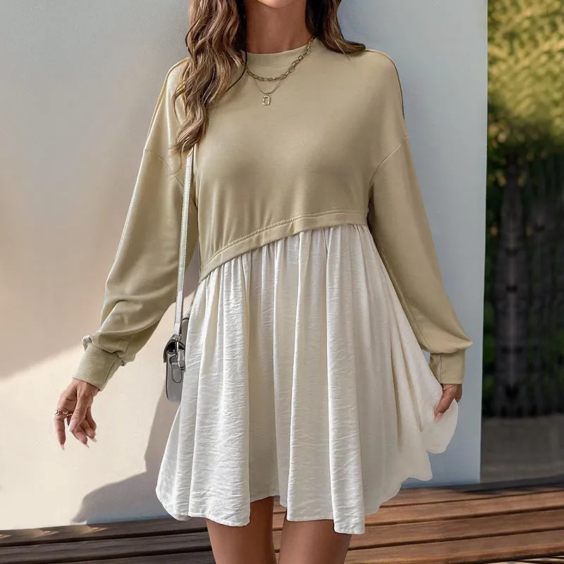 PEOPLETERRITORY  casual daily versatile long-sleeved dress autumn new round neck contrasting color splicing skirt