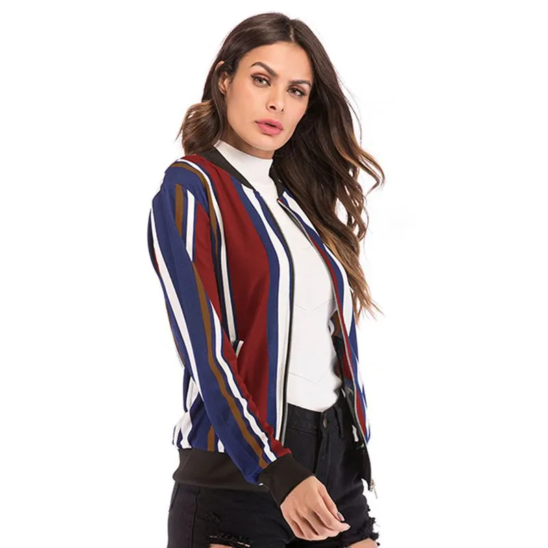 PEOPLETERRITORY loose jacket women's new European, American autumn and winter large size color matching vertical striped baseball jacket zipper cardigan