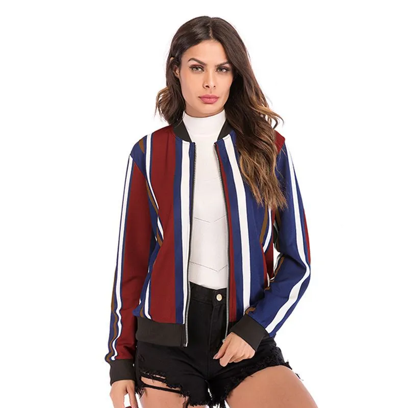 PEOPLETERRITORY loose jacket women's new European, American autumn and winter large size color matching vertical striped baseball jacket zipper cardigan