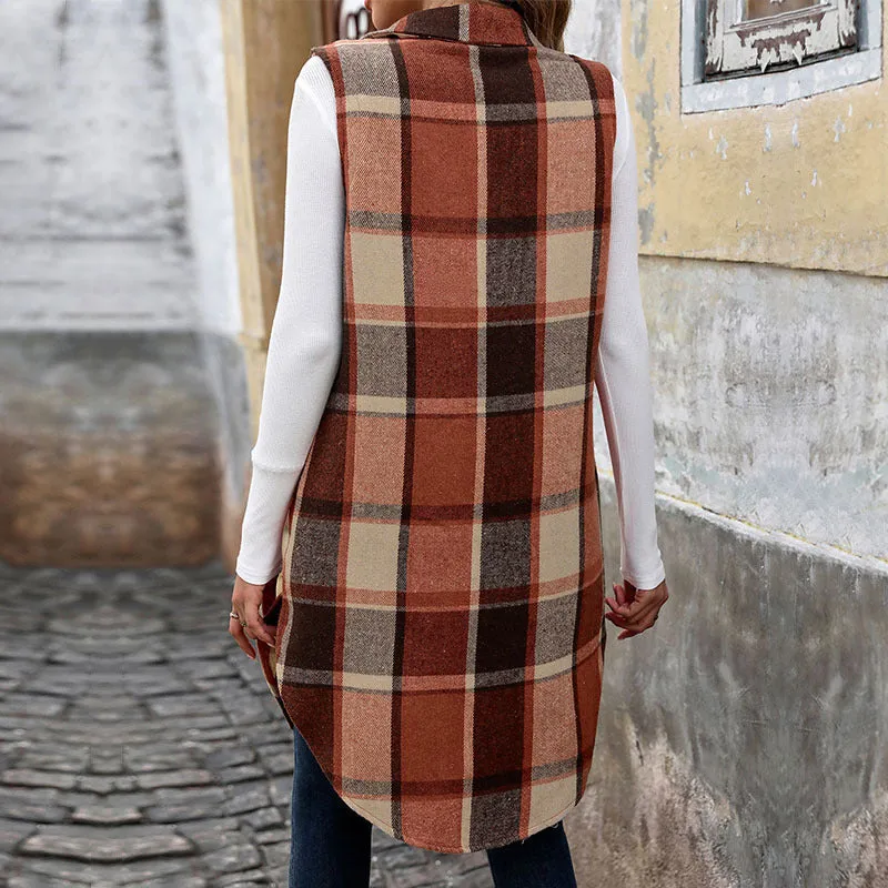 PEOPLETERRITORY New autumn and winter new sleeveless lapel cardigan jacket   trade retro medium and long  plaid vest