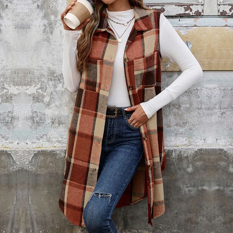 PEOPLETERRITORY New autumn and winter new sleeveless lapel cardigan jacket   trade retro medium and long  plaid vest