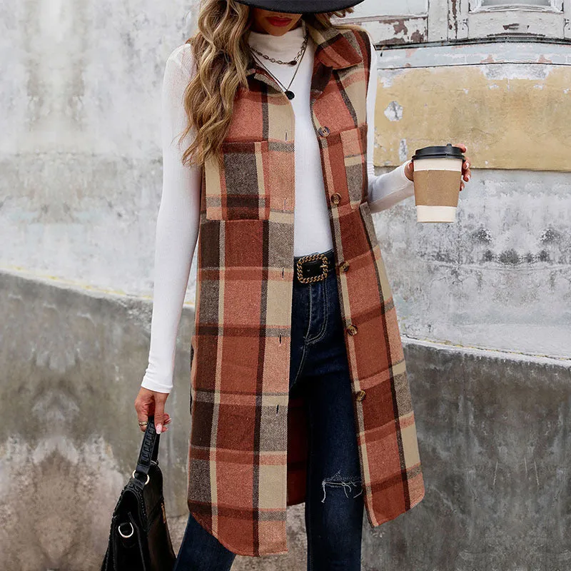 PEOPLETERRITORY New autumn and winter new sleeveless lapel cardigan jacket   trade retro medium and long  plaid vest