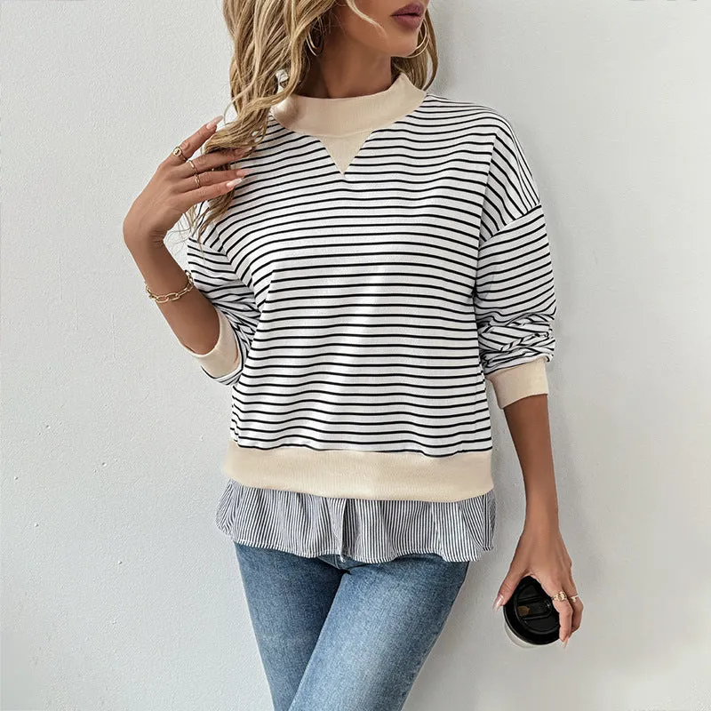 PEOPLETERRITORY  new casual long-sleeved t-shirt autumn round neck striped splicing fake two-piece top women