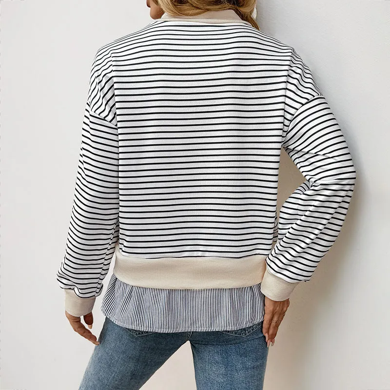 PEOPLETERRITORY  new casual long-sleeved t-shirt autumn round neck striped splicing fake two-piece top women