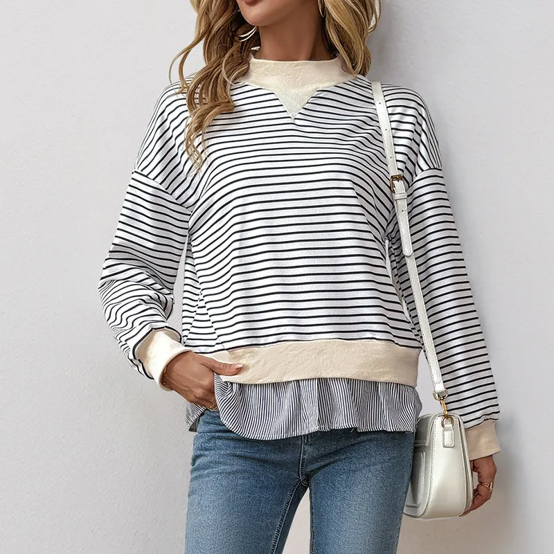 PEOPLETERRITORY  new casual long-sleeved t-shirt autumn round neck striped splicing fake two-piece top women