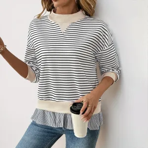 PEOPLETERRITORY  new casual long-sleeved t-shirt autumn round neck striped splicing fake two-piece top women