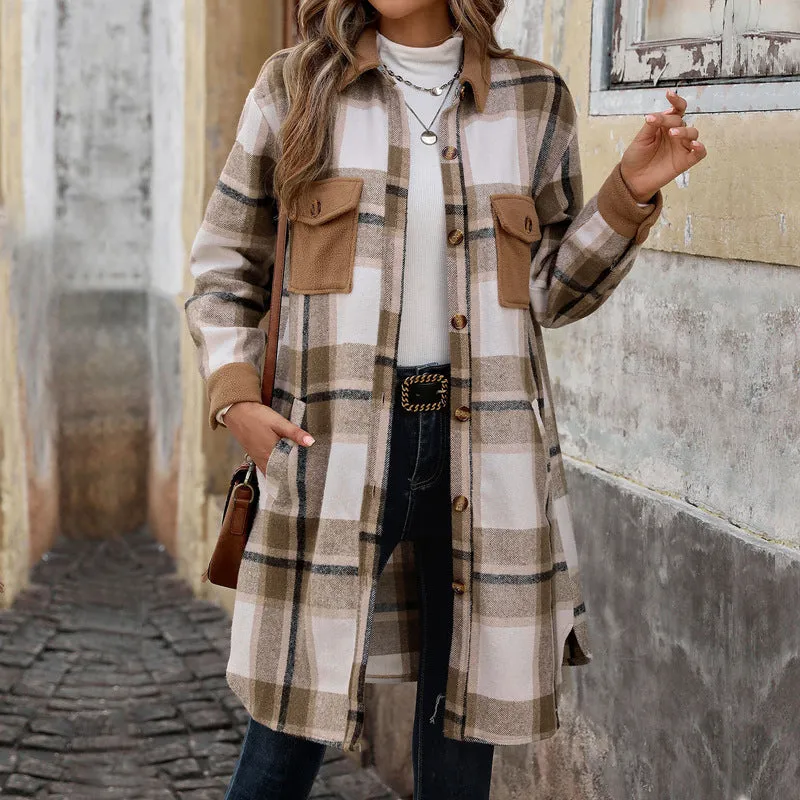 PEOPLETERRITORY New Hot Trade New New European, American Autumn and Winter Women's Clothing  Grinding Plaid Long Jacket Women