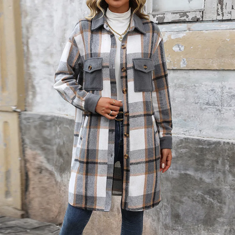 PEOPLETERRITORY New Hot Trade New New European, American Autumn and Winter Women's Clothing  Grinding Plaid Long Jacket Women