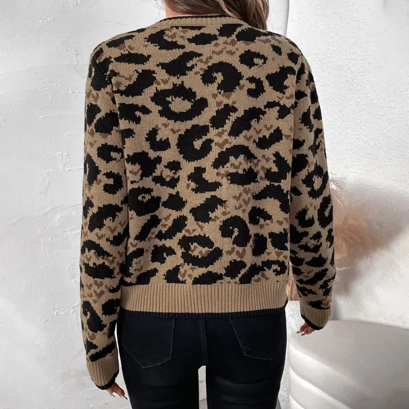 PEOPLETERRITORY   new leopard print bow straps knitted sweater autumn and winter long-sleeved cardigan top