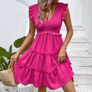 PEOPLETERRITORY New summer new  trade rose red skirt   small flying sleeve splicing dress