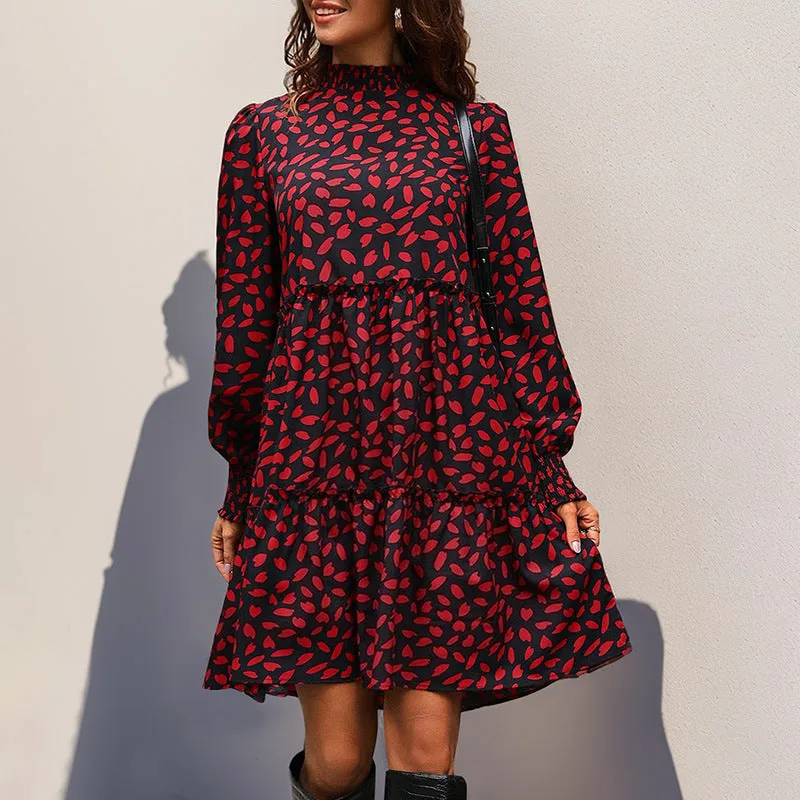 PEOPLETERRITORY popular splicing skirt New autumn new  women's clothing  leopard print long-sleeved dress