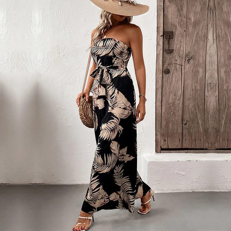 PEOPLETERRITORY Temu  trade vacation style jumpsuit New summer new  women's clothing  printed tube top jumpsuit