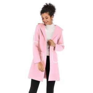 PEOPLETERRITORY  trade autumn and winter  women's clothing medium and long hooded warm thickened woolen coat contrasting color cardigan jacket women