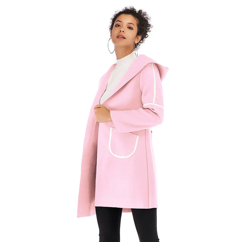 PEOPLETERRITORY  trade autumn and winter  women's clothing medium and long hooded warm thickened woolen coat contrasting color cardigan jacket women