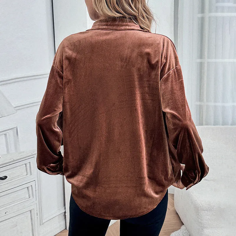 PEOPLETERRITORY  trade lapel shirt New autumn and winter new   long-sleeved velvet cardigan women's top