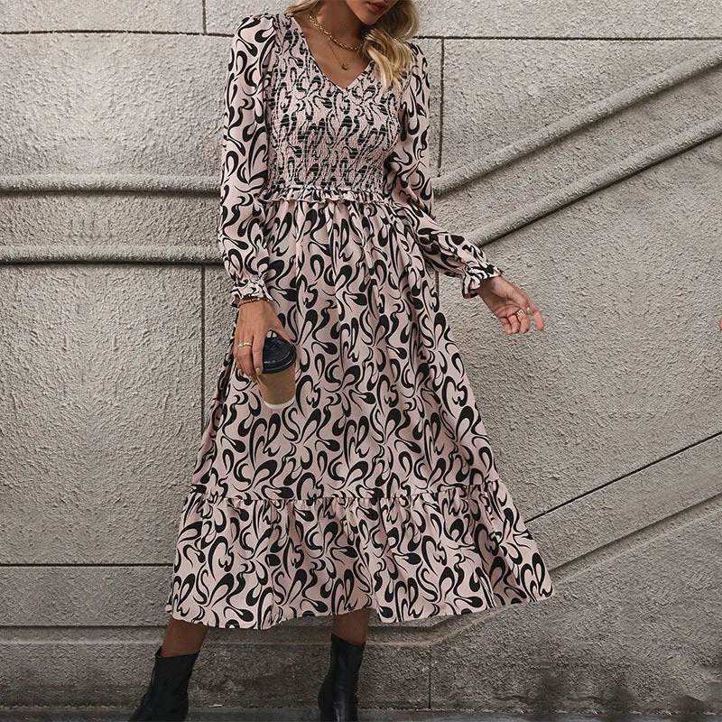 PEOPLETERRITORY  trade long dress New autumn and winter new  women's clothing  V-neck long-sleeved printed dress