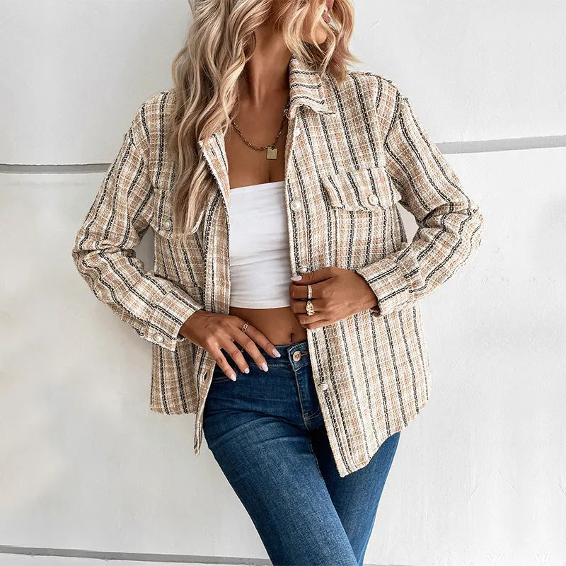 PEOPLETERRITORY  trade New autumn and winter new  small fragrant design jacket retro  plaid cardigan