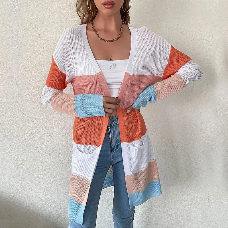 PEOPLETERRITORY  trade women's clothing 2023 new early autumn medium and long sweater jacket Japanese striped knitted cardigan