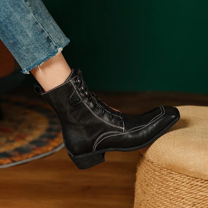 Platform Ankle Boots Leather Chelsea Boots Retro Round Toe Slimming Boots in Black