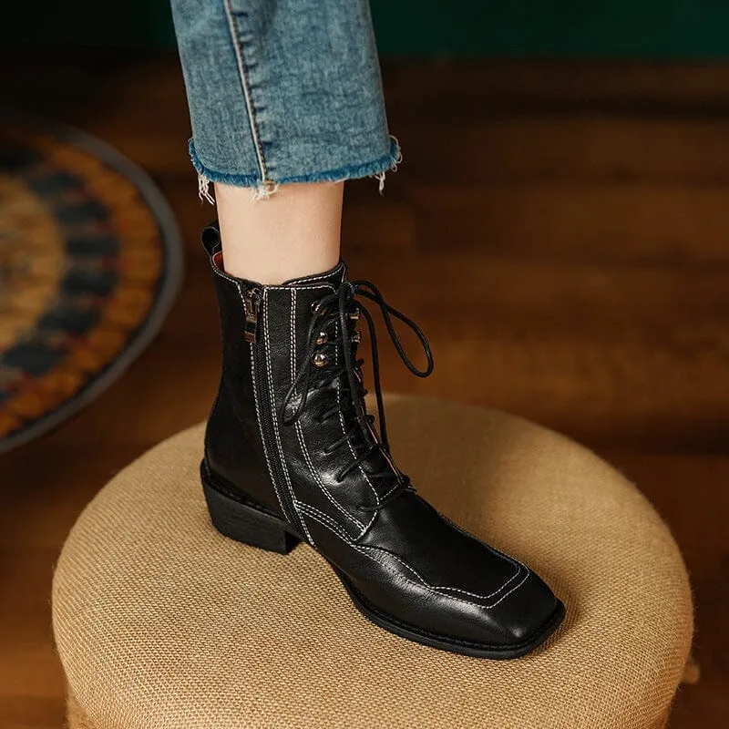 Platform Ankle Boots Leather Chelsea Boots Retro Round Toe Slimming Boots in Black