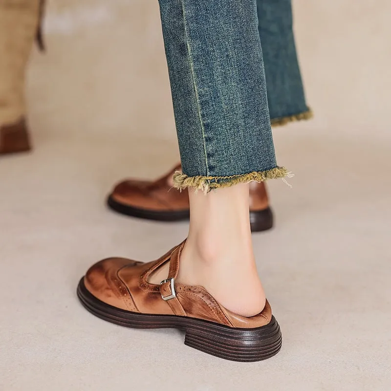 Preppy Style Sheepskin T Strap Brogue Mary Jane in Brown/Black