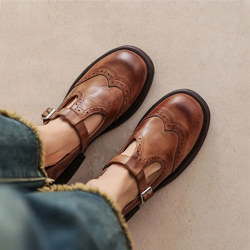 Preppy Style Sheepskin T Strap Brogue Mary Jane in Brown/Black