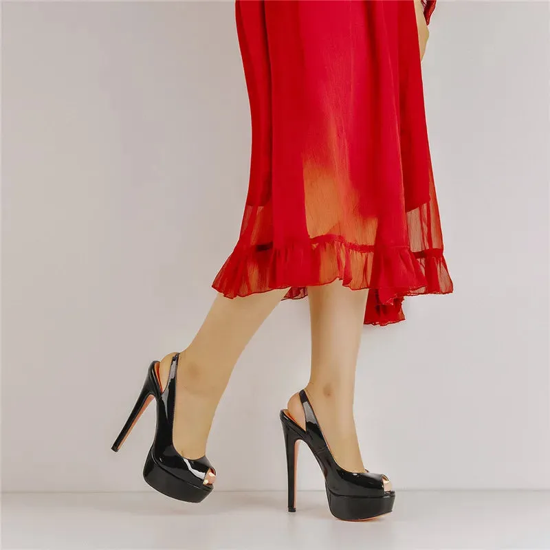 Red Black Patent Leather Peep Toe Stiletto Heels Shoes