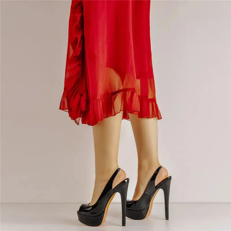 Red Black Patent Leather Peep Toe Stiletto Heels Shoes