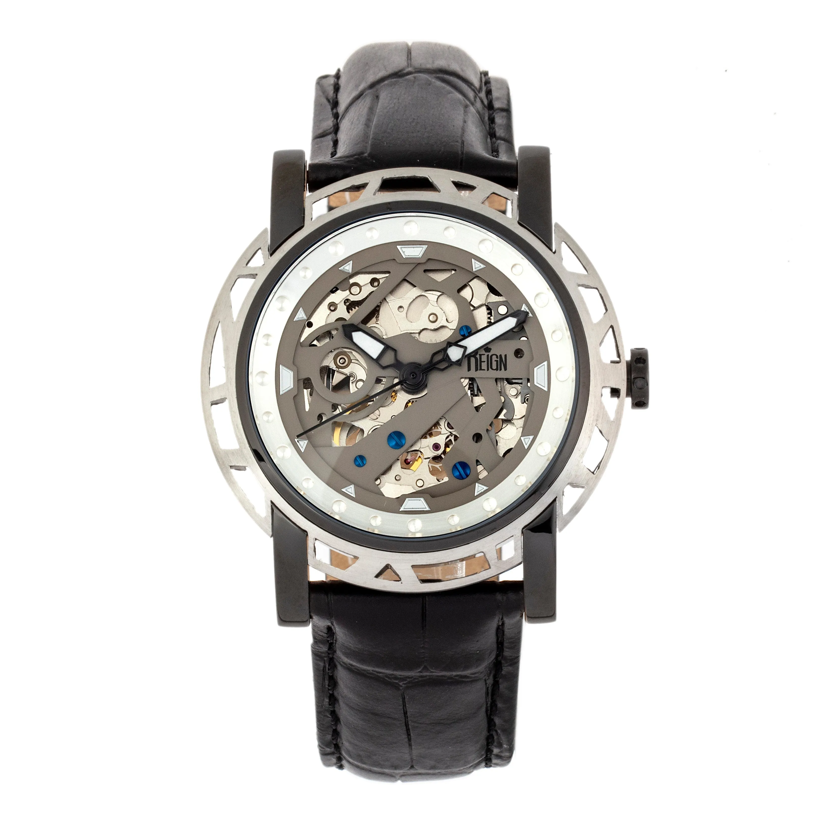 Reign Stavros Automatic Skeleton Leather-Band Watch - Silver/Charcoal