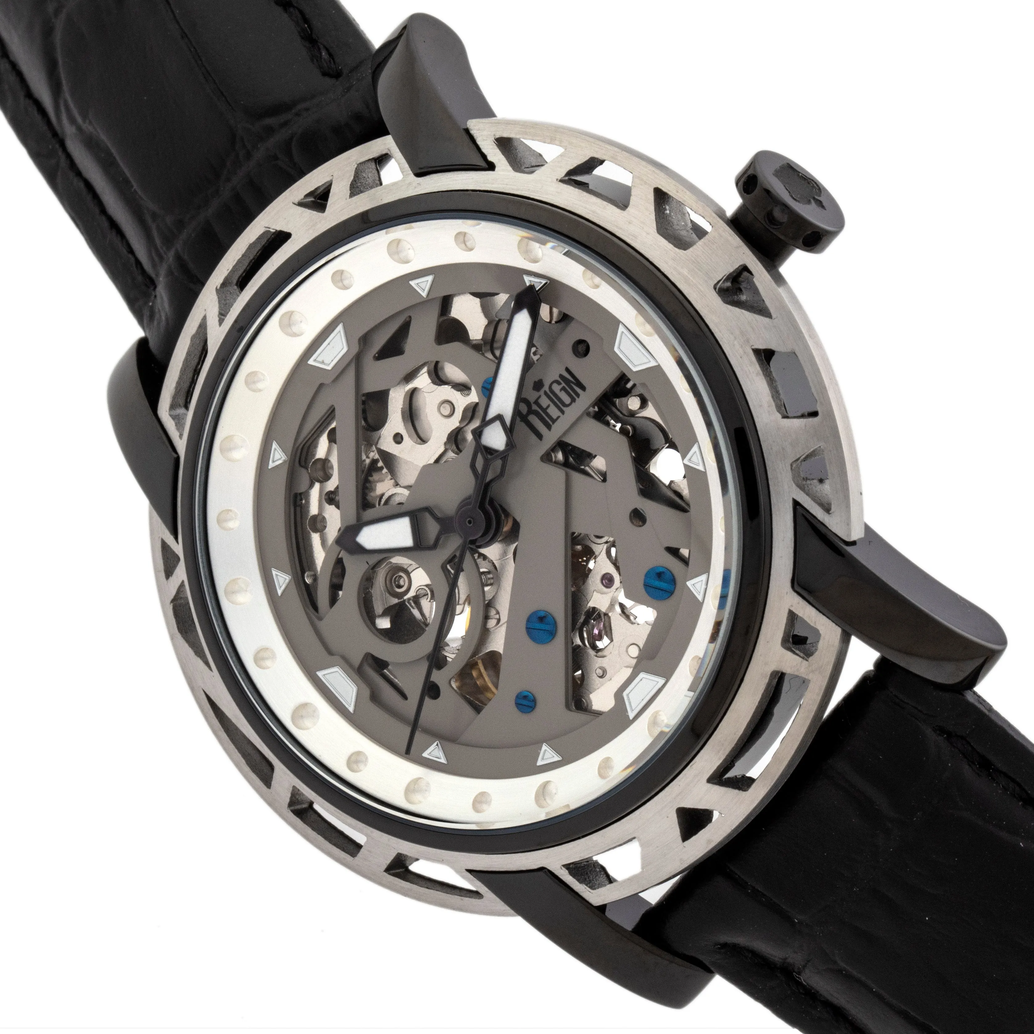 Reign Stavros Automatic Skeleton Leather-Band Watch - Silver/Charcoal