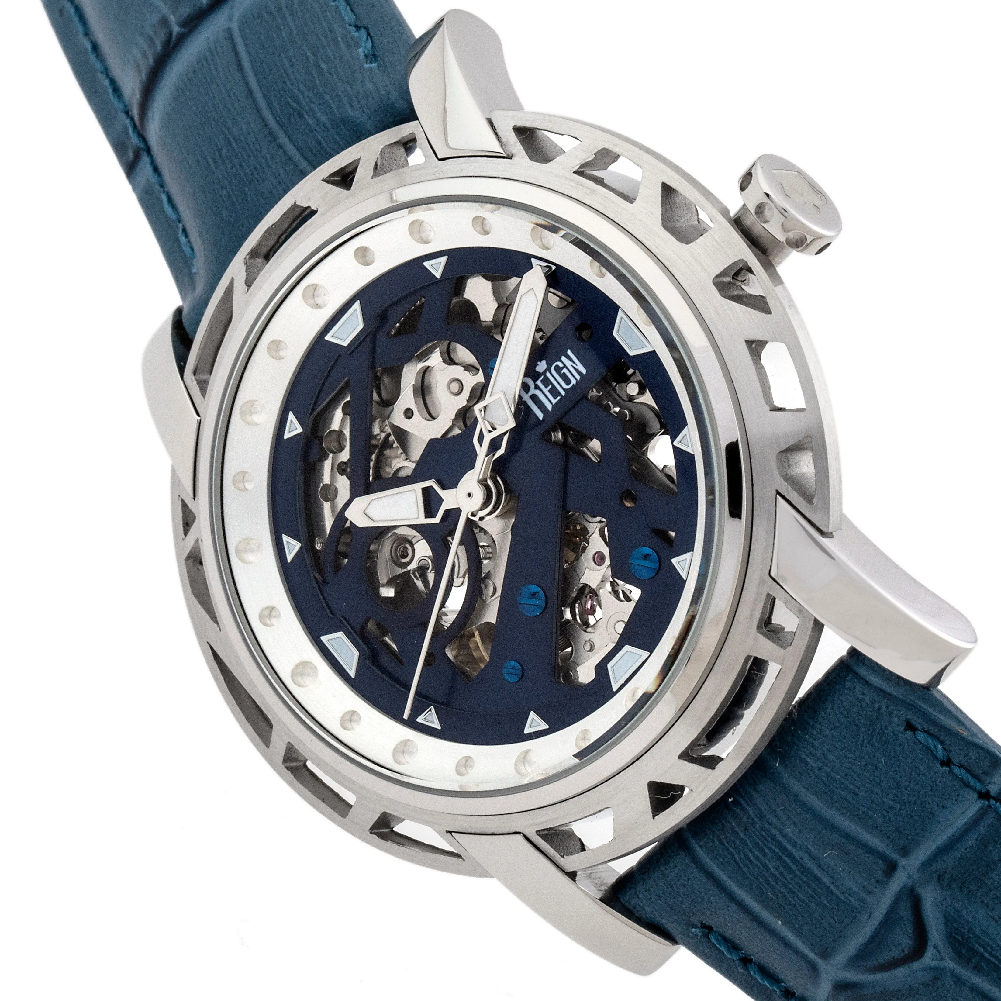 Reign Stavros Automatic Skeleton Leather-Band Watch - Silver/Navy