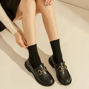 Retro Flat Loafers Women Plaid Genuine Leather Platform Shoes Round Toe Metal Chain Slip on Handmade